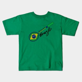 Brazil Badminton Flag on Racket Support Brazil Team Badminton Kids T-Shirt